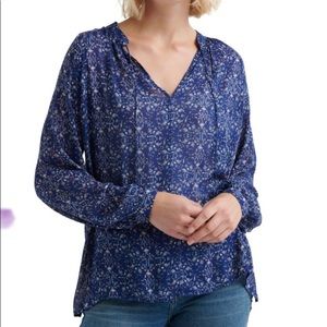 Lucky Brand Womens Printed Peasant Blouse, Blue, Small